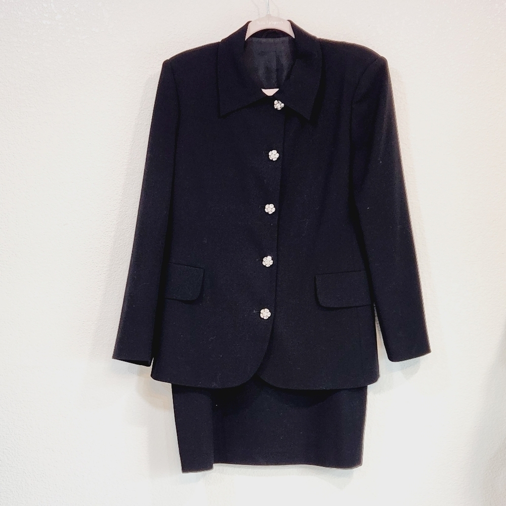 Pianoforte Di MaxMara Vintage Black Virgin Wool Skirt Suit Swarovski 2000's